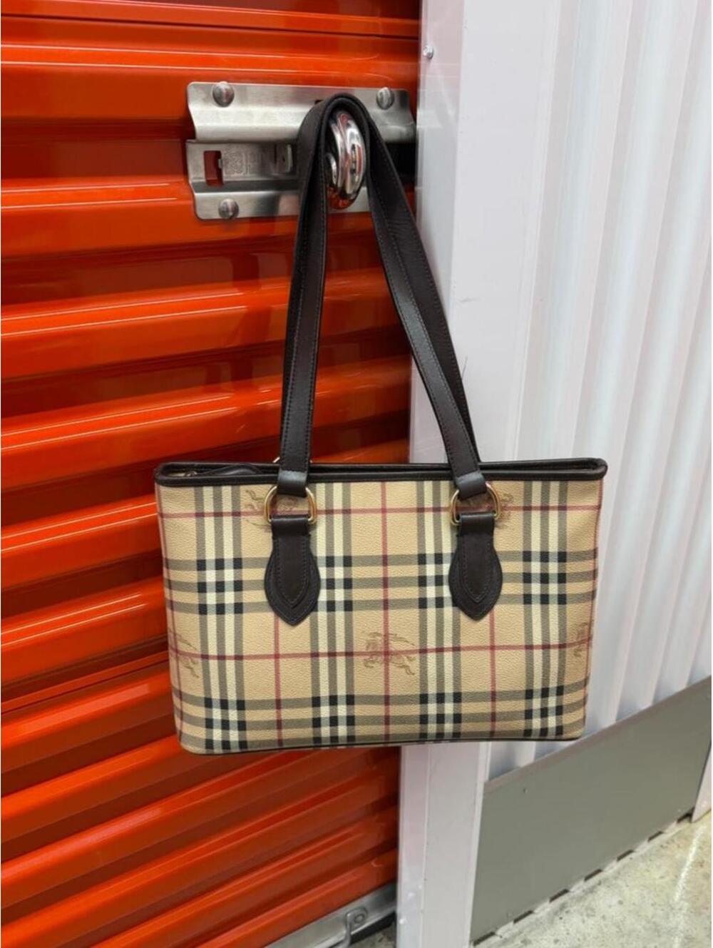 burberry haymarket check beige leather tote bag purse